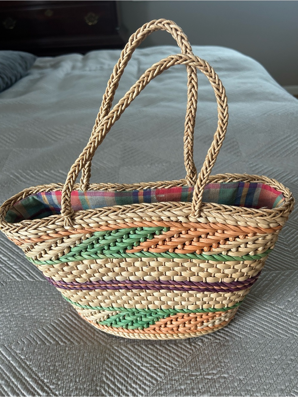 Woven Straw Tote Bag with Pastel Green & Peach Accents